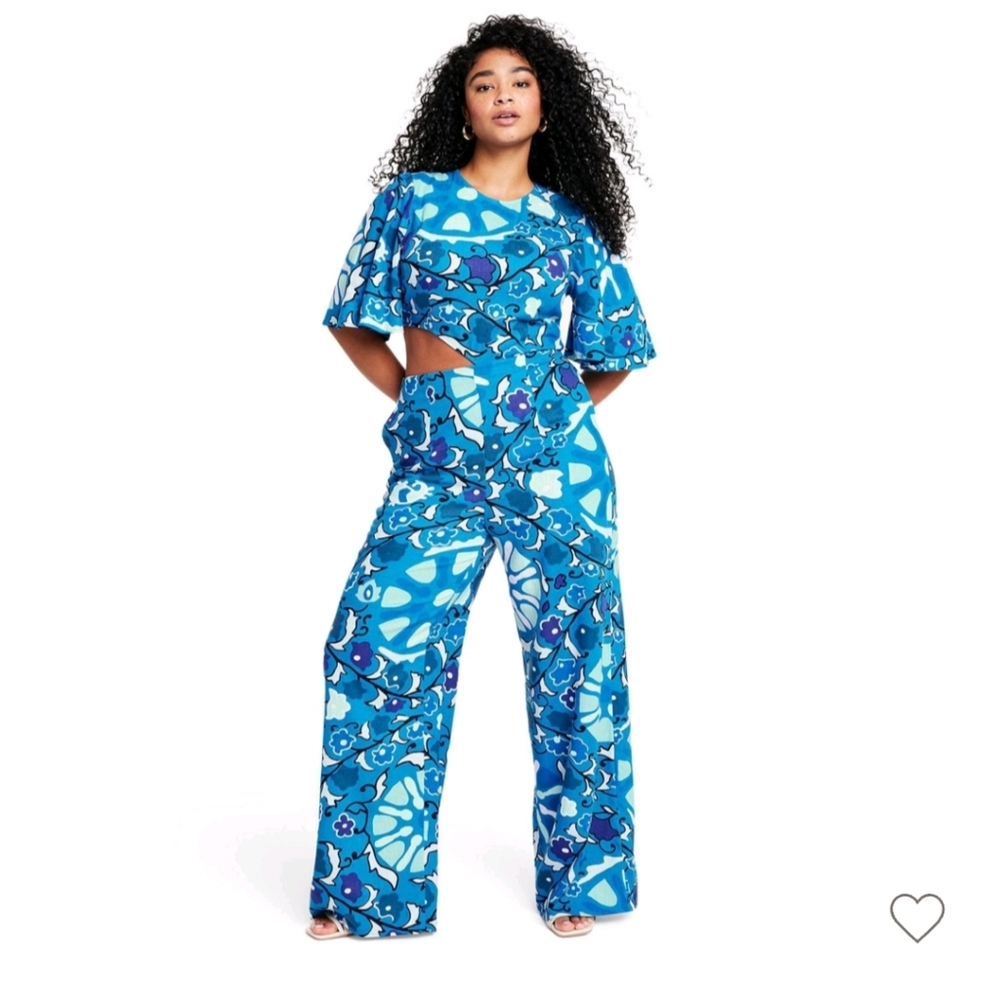 Rhode Target Floral Bell Sleeve Womens XXL Linen Blend Blue Jumpsuit